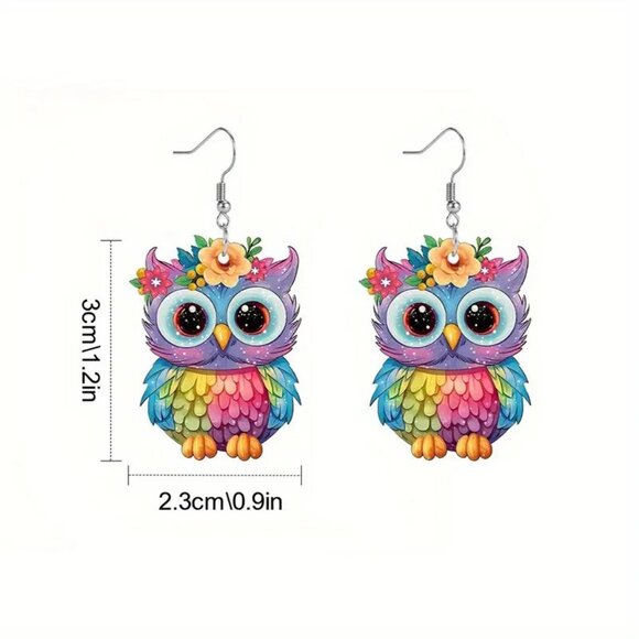 NEW Colorful Cute Owl Owlet Big Eyes Dangle Earrings - Picture 2 of 2
